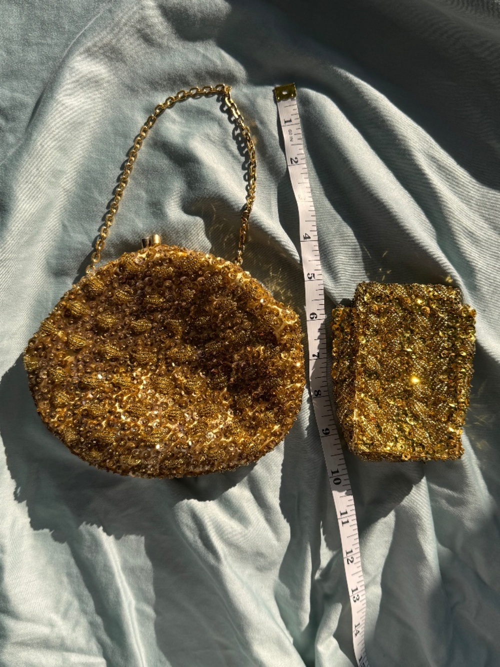 Vintage 1960s–70s Gold Beaded Evening Bag + Cigarette Case Set Made in Hong Kong